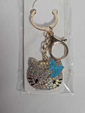Gold-tone Crystal Hello Kitty Keychain w/Blue Bow NWOT